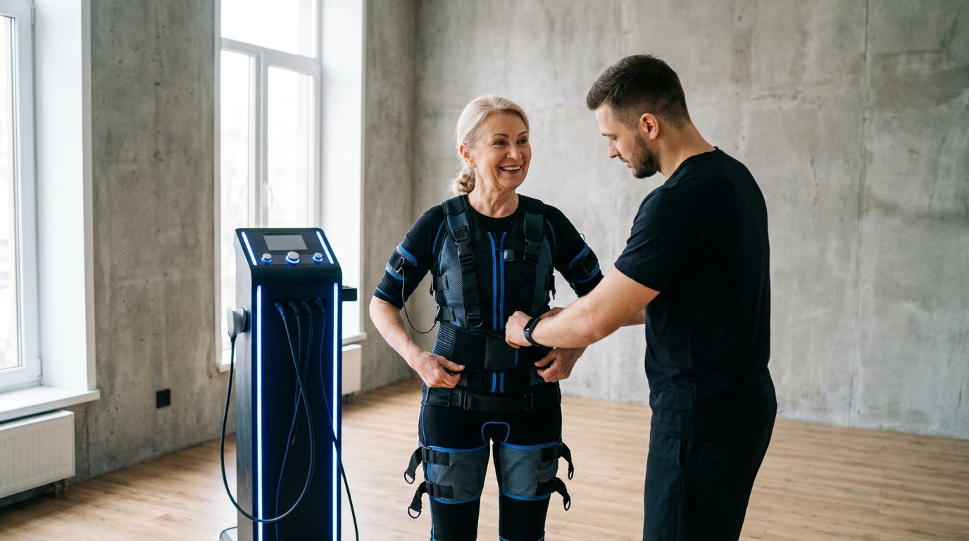 Senior sédentaire découvrant l'électrostimulation en studio