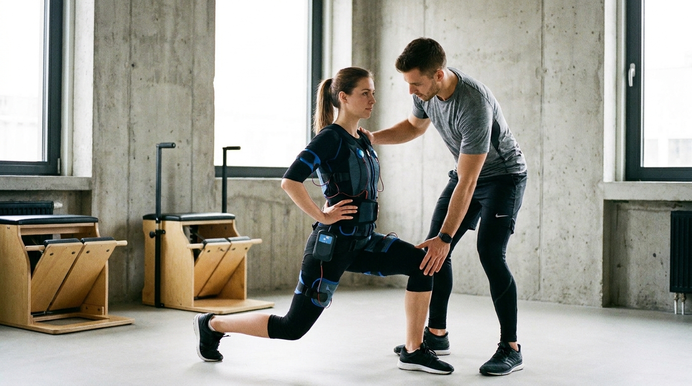 Femme en combinaison EMS réalisant une fente, guidée par son coach